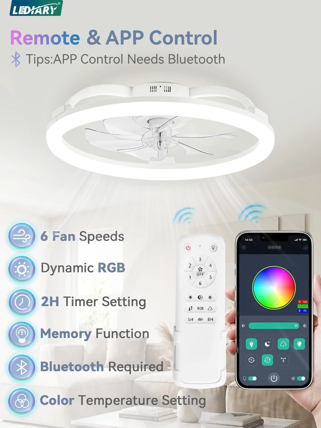 Alt view image 4 of 7 - 23" Ceiling Fans with Lights and Remote for Bedroom, White RGB Low Profile Fan Light, 3000K-6000K Stepless Dimmable, 6 Speed, Reversible DC Motor, APP & Remote Control, Low Noice