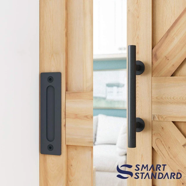 Alt view image 4 of 7 - 5 FT Heavy Duty Sturdy Sliding Barn Door Hardware Kit, Black (Whole Set Includes 1x Pull Handle Set & 1x Floor Guide) Fit 28''-30" Wide Door Panel (I Shape Hanger)