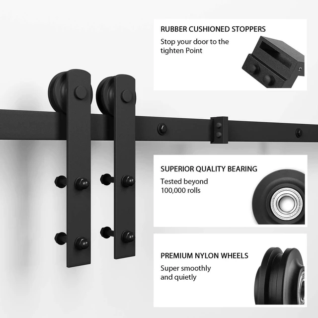 Alt view image 7 of 7 - 5 FT Heavy Duty Sturdy Sliding Barn Door Hardware Kit, Black (Whole Set Includes 1x Pull Handle Set & 1x Floor Guide) Fit 28''-30" Wide Door Panel (I Shape Hanger)