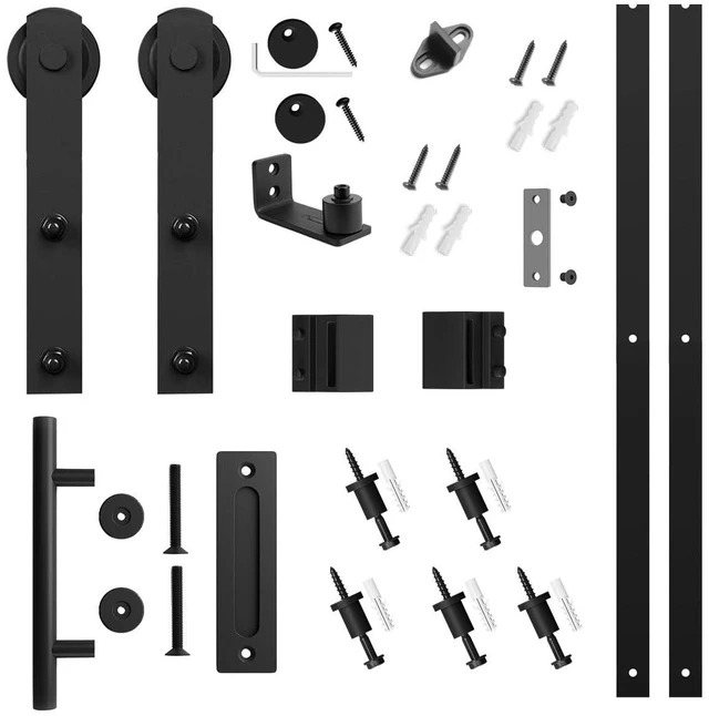 Alt view image 6 of 7 - 6 FT Heavy Duty Sturdy Sliding Barn Door Hardware Kit, Black (Whole Set Includes 1x Pull Handle Set & 1x Floor Guide) Fit 34''-36" Wide Door Panel (I Shape Hanger)