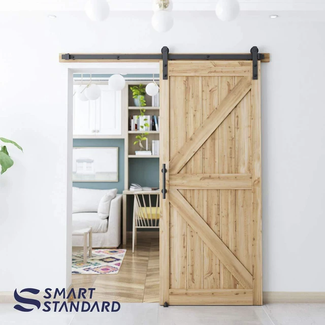 Alt view image 5 of 7 - 6 FT Heavy Duty Sturdy Sliding Barn Door Hardware Kit, Black (Whole Set Includes 1x Pull Handle Set & 1x Floor Guide) Fit 34''-36" Wide Door Panel (I Shape Hanger)
