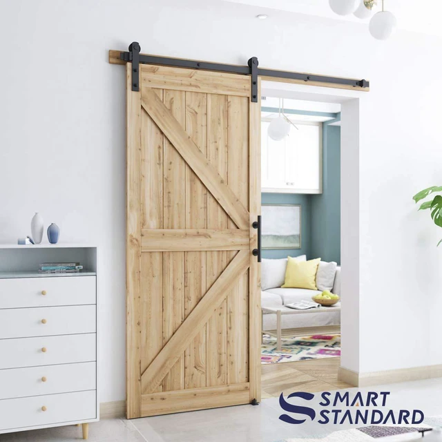 Alt view image 2 of 7 - 6 FT Heavy Duty Sturdy Sliding Barn Door Hardware Kit, Black (Whole Set Includes 1x Pull Handle Set & 1x Floor Guide) Fit 34''-36" Wide Door Panel (I Shape Hanger)