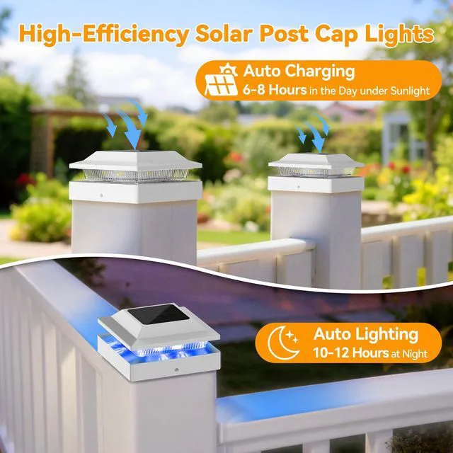 Alt view image 4 of 7 - Solar Post Cap Lights for 4x4 Wood/Vinyl Posts, 12 Pack IP65 Waterproof Fence Post Solar Lights, RGB Color Changing, 10-12H Long Illumination for Garden Patio Porch, White