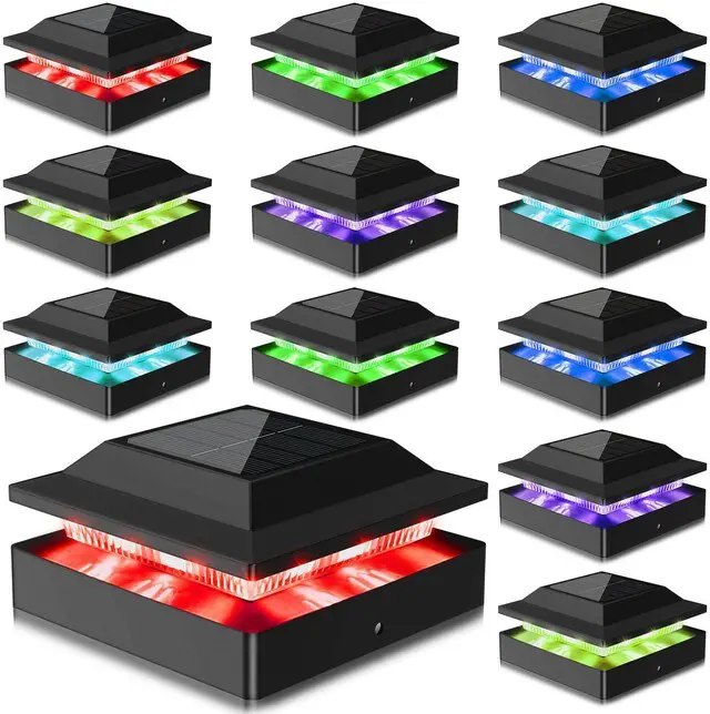 Main image of Solar Post Cap Lights for 4x4 Wood/Vinyl Posts, 12 Pack IP65 Waterproof Fence Post Solar Lights, RGB Color Changing, 10-12H Long Illumination for Garden Patio Porch, Black