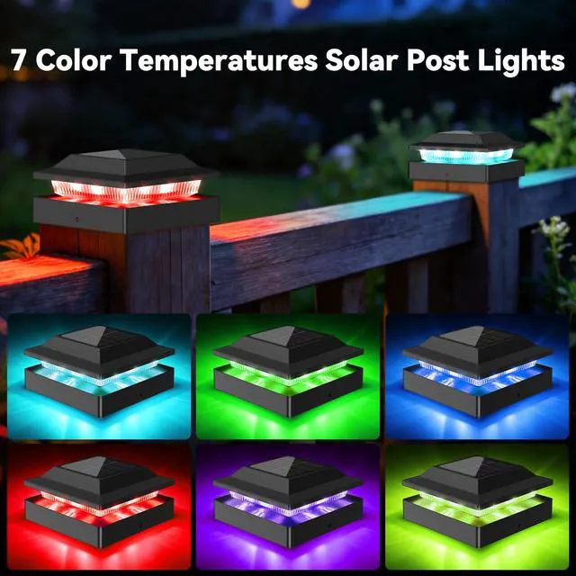 Alt view image 2 of 7 - Solar Post Cap Lights for 4x4 Wood/Vinyl Posts, 12 Pack IP65 Waterproof Fence Post Solar Lights, RGB Color Changing, 10-12H Long Illumination for Garden Patio Porch, Black