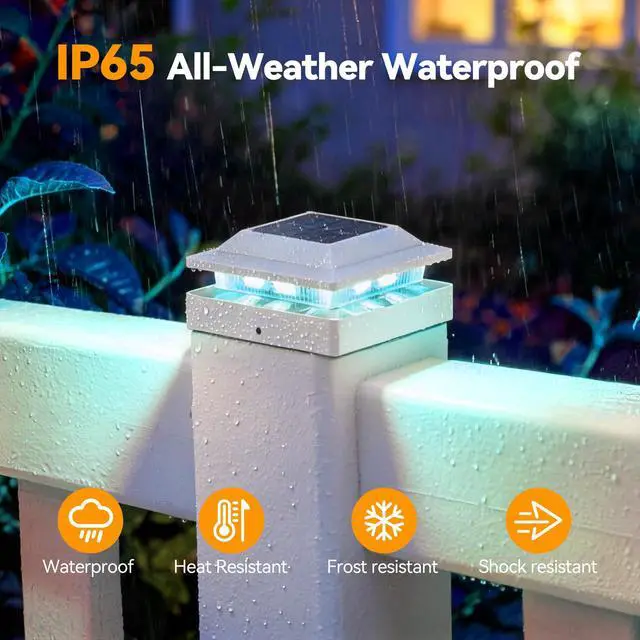 Alt view image 6 of 7 - Solar Post Cap Lights for 4x4 Wood/Vinyl Posts, 12 Pack IP65 Waterproof Fence Post Solar Lights, RGB Color Changing, 10-12H Long Illumination for Garden Patio Porch, White