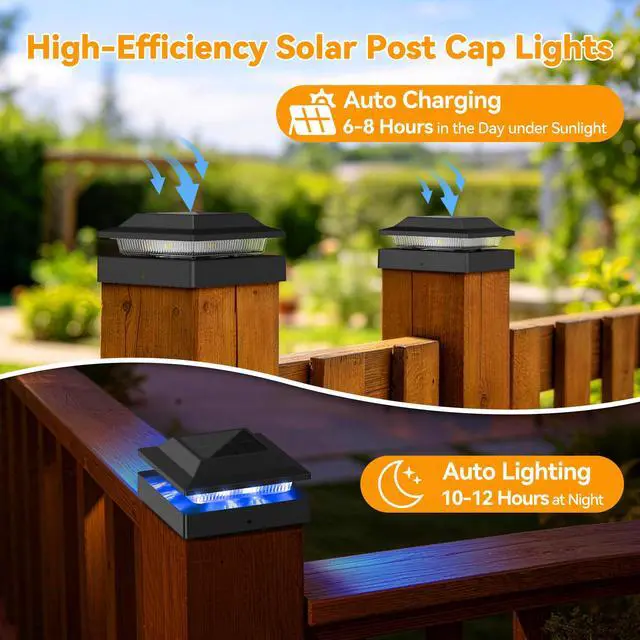 Alt view image 4 of 7 - Solar Post Cap Lights for 4x4 Wood/Vinyl Posts, 12 Pack IP65 Waterproof Fence Post Solar Lights, RGB Color Changing, 10-12H Long Illumination for Garden Patio Porch, Black