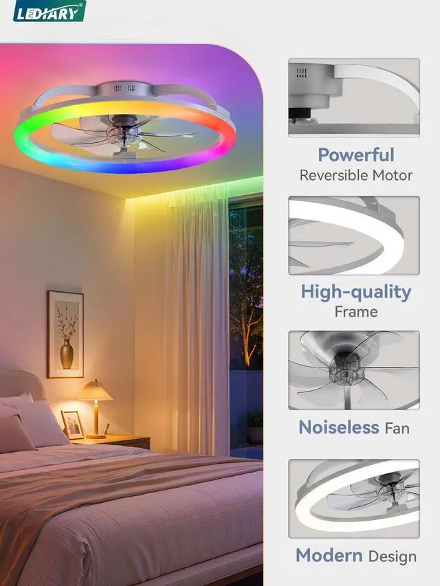 Alt view image 4 of 7 - 23" Ceiling Fans with Lights and Remote for Bedroom, Grey RGB Low Profile Fan Light, 3000K-6000K Stepless Dimmable, 6 Speed, Reversible DC Motor, APP & Remote Control, Low Noice