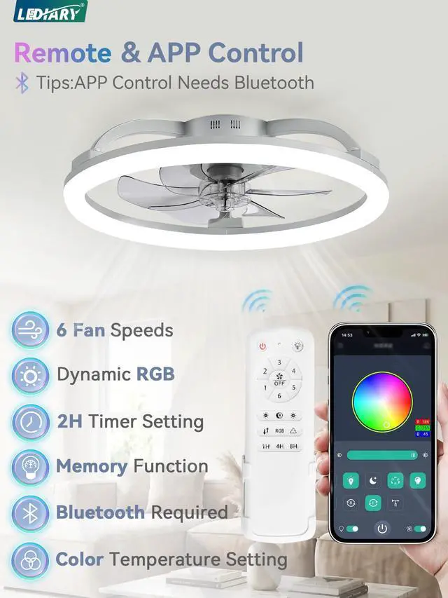 Alt view image 3 of 7 - 23" Ceiling Fans with Lights and Remote for Bedroom, Grey RGB Low Profile Fan Light, 3000K-6000K Stepless Dimmable, 6 Speed, Reversible DC Motor, APP & Remote Control, Low Noice