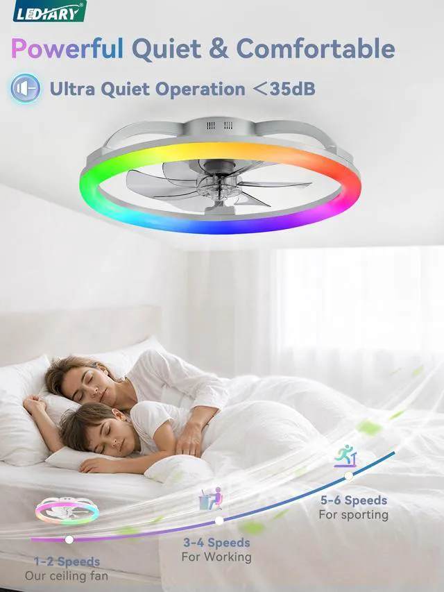 Alt view image 6 of 7 - 23" Ceiling Fans with Lights and Remote for Bedroom, Grey RGB Low Profile Fan Light, 3000K-6000K Stepless Dimmable, 6 Speed, Reversible DC Motor, APP & Remote Control, Low Noice