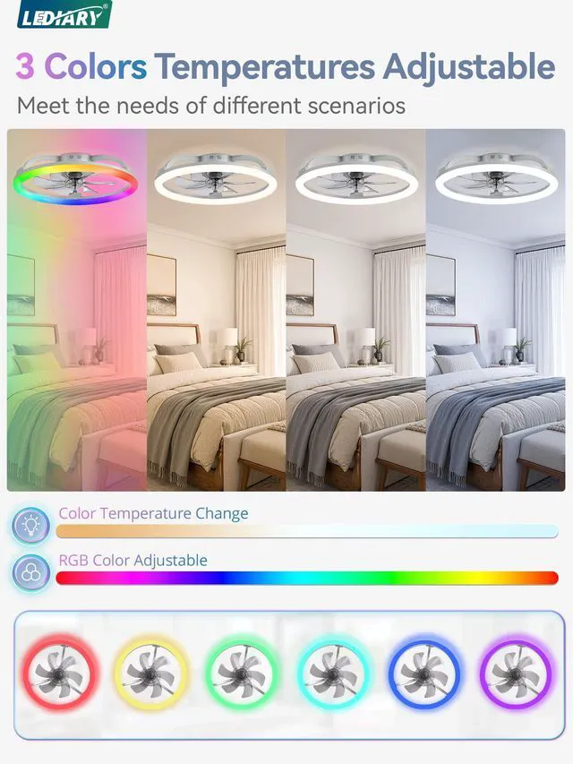 Alt view image 2 of 7 - 23" Ceiling Fans with Lights and Remote for Bedroom, Grey RGB Low Profile Fan Light, 3000K-6000K Stepless Dimmable, 6 Speed, Reversible DC Motor, APP & Remote Control, Low Noice