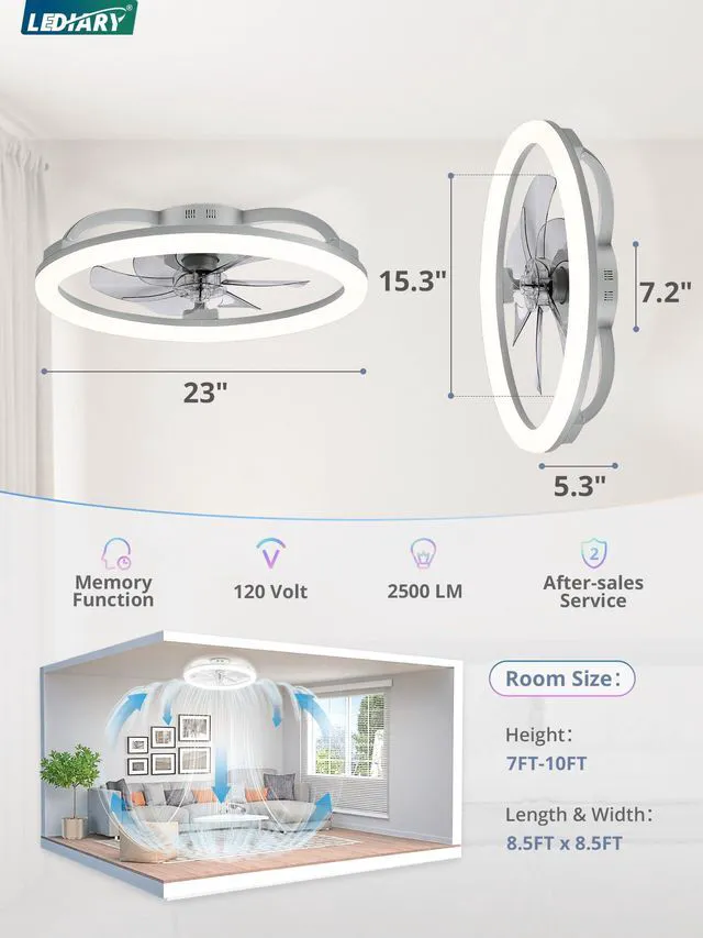 Alt view image 5 of 7 - 23" Ceiling Fans with Lights and Remote for Bedroom, Grey RGB Low Profile Fan Light, 3000K-6000K Stepless Dimmable, 6 Speed, Reversible DC Motor, APP & Remote Control, Low Noice