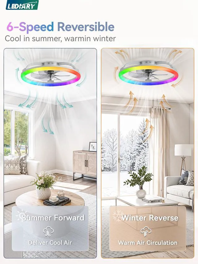 Alt view image 7 of 7 - 23" Ceiling Fans with Lights and Remote for Bedroom, Grey RGB Low Profile Fan Light, 3000K-6000K Stepless Dimmable, 6 Speed, Reversible DC Motor, APP & Remote Control, Low Noice