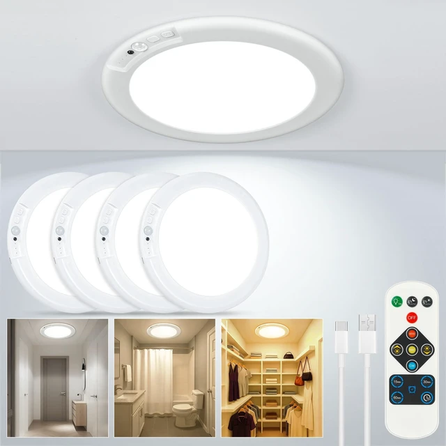 Main image of Wireless Rechargeable Ceiling Light, Motion Sensor Light Indoor with Remote 4 Packs Battery Operated Led Night Lights for Bedroom Hallway, Living Room, Bathroom, Home & Kitchen Decor Lighting
