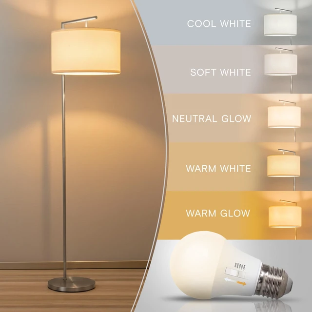 Alt view image 2 of 7 - Montage Modern Floor Lamp - LED Standing Lamp with White Shade and Adjustable Color for Living Rooms & Offices - Tall Corner Bedroom Reading Light for Contemporary Home Decor - Satin Nickel