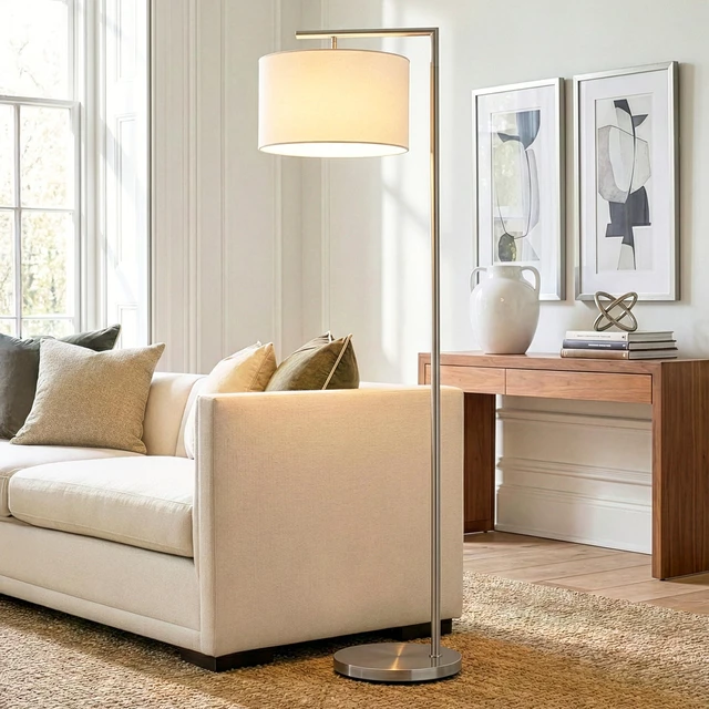 Alt view image 3 of 7 - Montage Modern Floor Lamp - LED Standing Lamp with White Shade and Adjustable Color for Living Rooms & Offices - Tall Corner Bedroom Reading Light for Contemporary Home Decor - Satin Nickel