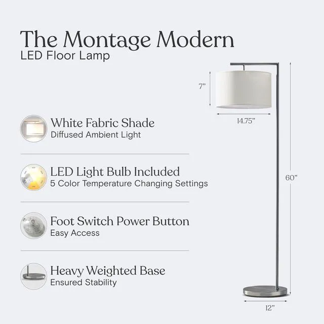 Alt view image 5 of 7 - Montage Modern Floor Lamp - LED Standing Lamp with White Shade and Adjustable Color for Living Rooms & Offices - Tall Corner Bedroom Reading Light for Contemporary Home Decor - Satin Nickel