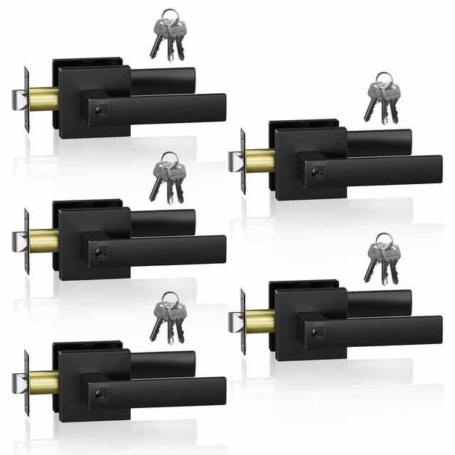 Main image of Matte Black Door Handle Heavy Duty, Different Keys Entry Door Lever Door Knobs with Lock and Key, Square Door Lever for Bedroom, Bathroom and Front Door5 Pack