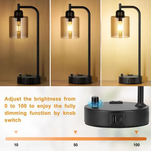 Alt view image 2 of 7 - Industrial Bedside Lamps for Nightstand Set of 2 - Fully Dimmable Bedroom Lamps with USB A C Ports and Outlet, Black Table Lamps with Amber Glass Shade for Living Room, Desk Lamps for Office Reading