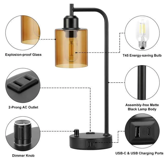 Alt view image 5 of 7 - Industrial Bedside Lamps for Nightstand Set of 2 - Fully Dimmable Bedroom Lamps with USB A C Ports and Outlet, Black Table Lamps with Amber Glass Shade for Living Room, Desk Lamps for Office Reading