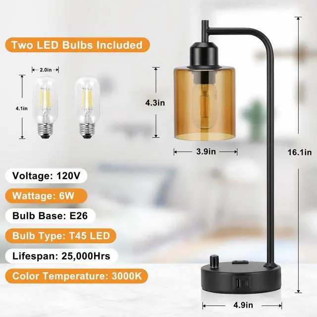 Alt view image 6 of 7 - Industrial Bedside Lamps for Nightstand Set of 2 - Fully Dimmable Bedroom Lamps with USB A C Ports and Outlet, Black Table Lamps with Amber Glass Shade for Living Room, Desk Lamps for Office Reading