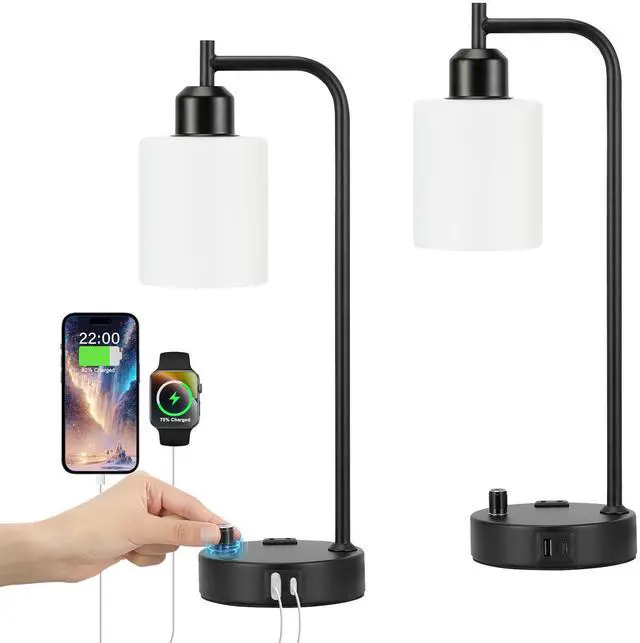 Main image of Industrial Bedroom Lamps for Nightstand Set of 2 - Fully Dimmable Bedside Lamps with USB A C Ports and Outlet, Black Table Lamps with Opal Glass Shade for Living Room, Desk Lamps for Office Reading