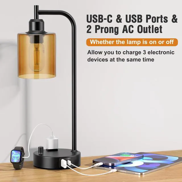 Alt view image 4 of 7 - Industrial Bedside Lamps for Nightstand Set of 2 - Fully Dimmable Bedroom Lamps with USB A C Ports and Outlet, Black Table Lamps with Amber Glass Shade for Living Room, Desk Lamps for Office Reading