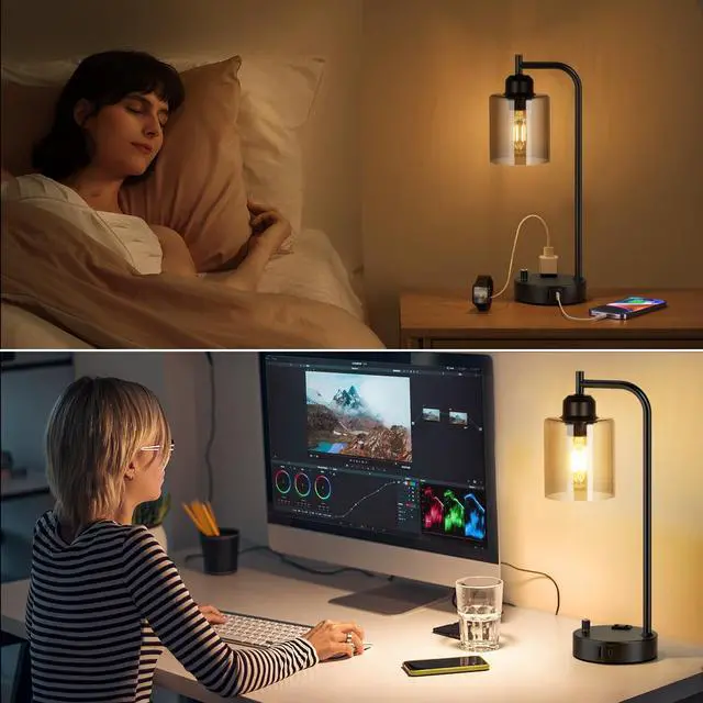 Alt view image 7 of 7 - Industrial Bedside Lamps for Nightstand Set of 2 - Fully Dimmable Bedroom Lamps with USB A C Ports and Outlet, Black Table Lamps with Amber Glass Shade for Living Room, Desk Lamps for Office Reading