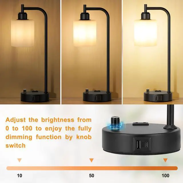 Alt view image 2 of 7 - Industrial Bedroom Lamps for Nightstand Set of 2 - Fully Dimmable Bedside Lamps with USB A C Ports and Outlet, Black Table Lamps with Opal Glass Shade for Living Room, Desk Lamps for Office Reading