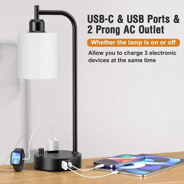Alt view image 4 of 7 - Industrial Bedroom Lamps for Nightstand Set of 2 - Fully Dimmable Bedside Lamps with USB A C Ports and Outlet, Black Table Lamps with Opal Glass Shade for Living Room, Desk Lamps for Office Reading