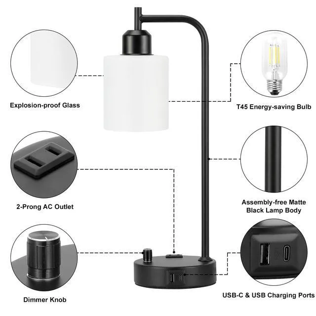 Alt view image 5 of 7 - Industrial Bedroom Lamps for Nightstand Set of 2 - Fully Dimmable Bedside Lamps with USB A C Ports and Outlet, Black Table Lamps with Opal Glass Shade for Living Room, Desk Lamps for Office Reading
