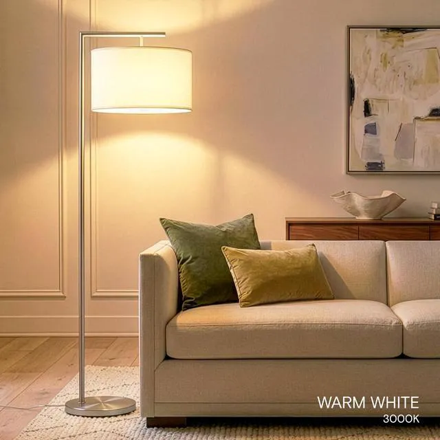 Alt view image 7 of 7 - Montage Modern Floor Lamp - LED Standing Lamp with White Shade and Adjustable Color for Living Rooms & Offices - Tall Corner Bedroom Reading Light for Contemporary Home Decor - Satin Nickel