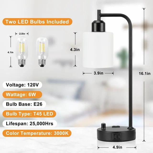 Alt view image 6 of 7 - Industrial Bedroom Lamps for Nightstand Set of 2 - Fully Dimmable Bedside Lamps with USB A C Ports and Outlet, Black Table Lamps with Opal Glass Shade for Living Room, Desk Lamps for Office Reading