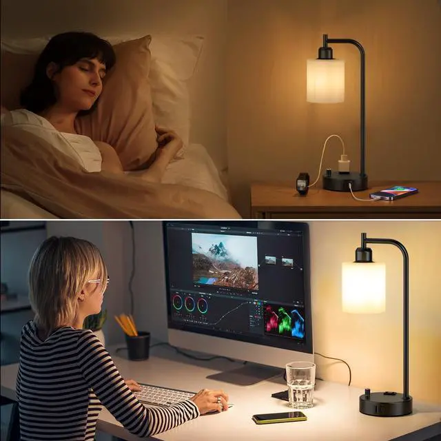 Alt view image 7 of 7 - Industrial Bedroom Lamps for Nightstand Set of 2 - Fully Dimmable Bedside Lamps with USB A C Ports and Outlet, Black Table Lamps with Opal Glass Shade for Living Room, Desk Lamps for Office Reading