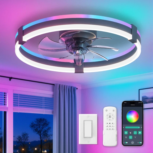 Main image of 20" RGB Low Profile Ceiling Fans with Lights and Remote, Grey Custom RGB+3CCT Dimmable, 6 Speeds, Remote/App Control, Reversible DC Motor, Memory, Timer, Modern Fandelier for Kids/Bedroom
