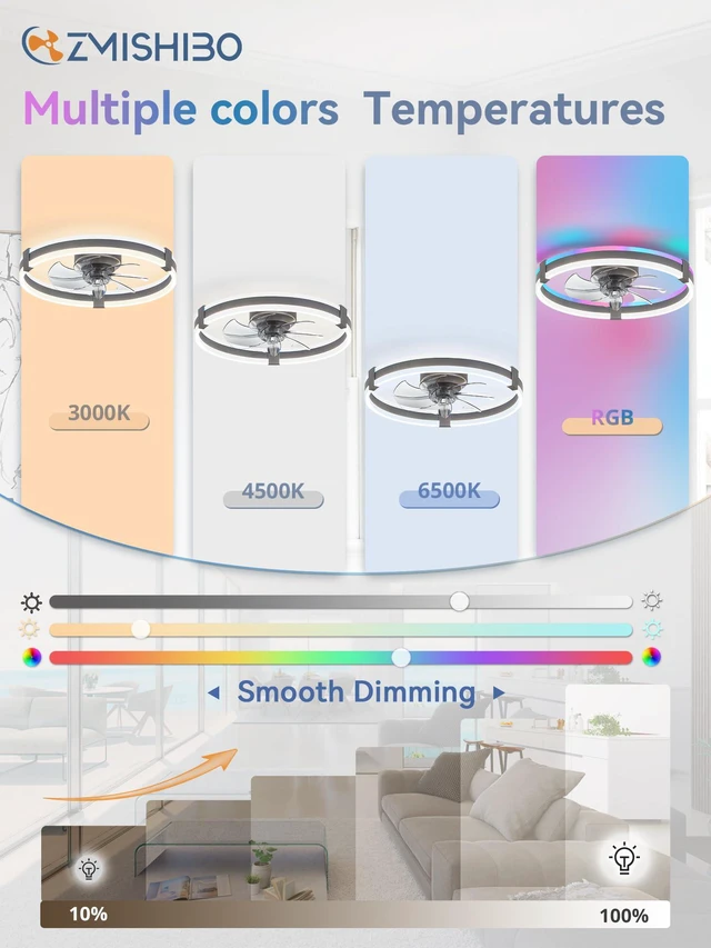 Alt view image 2 of 7 - 20" RGB Low Profile Ceiling Fans with Lights and Remote, Grey Custom RGB+3CCT Dimmable, 6 Speeds, Remote/App Control, Reversible DC Motor, Memory, Timer, Modern Fandelier for Kids/Bedroom