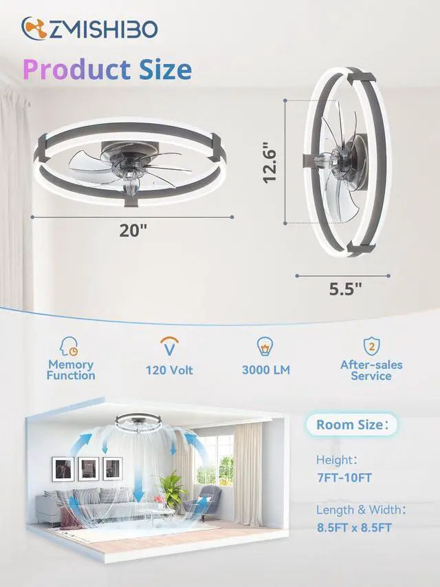Alt view image 4 of 7 - 20" RGB Low Profile Ceiling Fans with Lights and Remote, Grey Custom RGB+3CCT Dimmable, 6 Speeds, Remote/App Control, Reversible DC Motor, Memory, Timer, Modern Fandelier for Kids/Bedroom