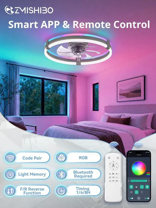 Alt view image 6 of 7 - 20" RGB Low Profile Ceiling Fans with Lights and Remote, Grey Custom RGB+3CCT Dimmable, 6 Speeds, Remote/App Control, Reversible DC Motor, Memory, Timer, Modern Fandelier for Kids/Bedroom