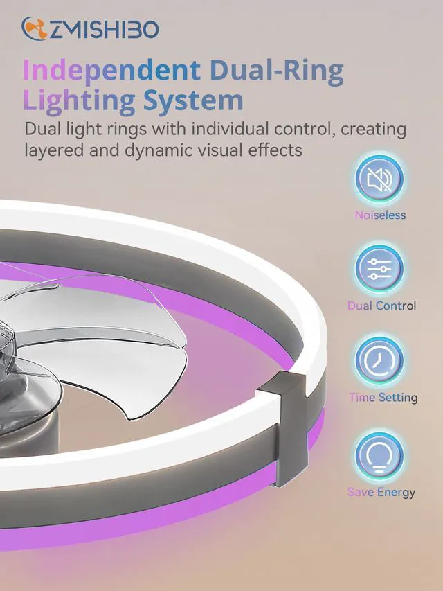 Alt view image 7 of 7 - 20" RGB Low Profile Ceiling Fans with Lights and Remote, Grey Custom RGB+3CCT Dimmable, 6 Speeds, Remote/App Control, Reversible DC Motor, Memory, Timer, Modern Fandelier for Kids/Bedroom