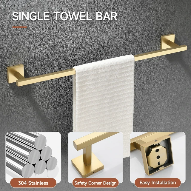 Alt view image 2 of 7 - Brushed Gold Bathroom Hardware Accessories Set 10 Pieces, 23.6" SUS304 Stainless Steel Towel Bar Set Wall Mounted Includes Single Towel Bar, Towel Ring, Toilet Paper Holder, Double Towel Hooks