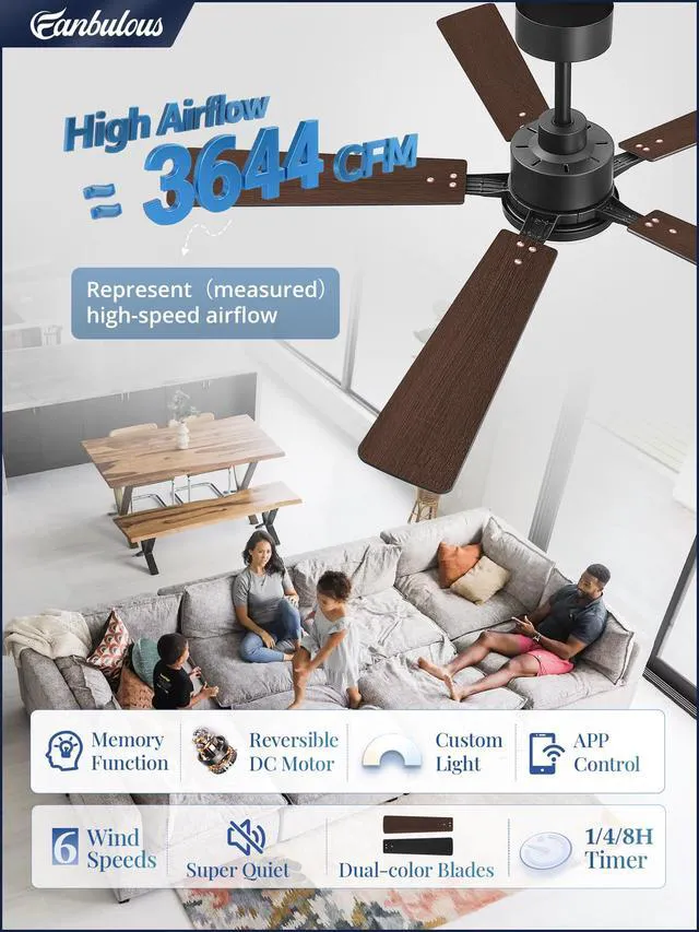 Alt view image 2 of 7 - 52 Inch Ceiling Fans with Lights DC Motor, Remote & APP Control Dimmable, 3CCT, 6 Speed, Memory Function, Timer, Dual-Sided Reversible Blade, Flat/Sloped Ceiling, Living Room, Covered Patio