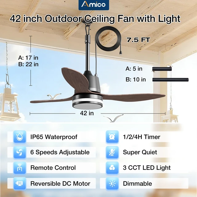 Alt view image 2 of 7 - 42" Outdoor Ceiling Fans with Lights, IP65 Waterproof Gazebo Fan Waterproof, Remote Control, 3000-6000K, 6 Speeds, Hook Hanging Plug in, for Patio Porch Pergola Garage