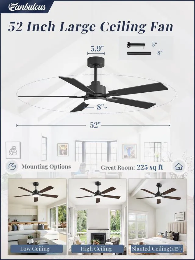 Alt view image 7 of 7 - 52 Inch Ceiling Fans with Lights DC Motor, Remote & APP Control Dimmable, 3CCT, 6 Speed, Memory Function, Timer, Dual-Sided Reversible Blade, Flat/Sloped Ceiling, Living Room, Covered Patio