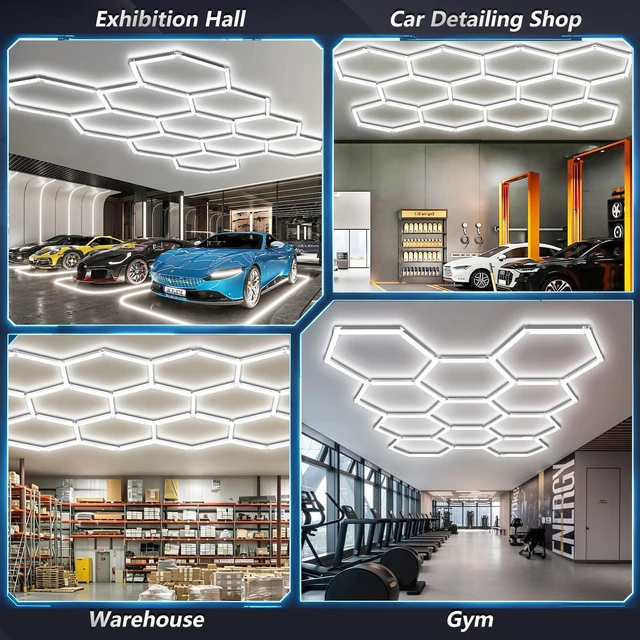 Alt view image 7 of 7 - Hexagon LED Garage Light, 322W 6500K Super Bright Honeycomb Ceiling Light, Easy Install DIY Hex Light for Workshop Warehouse Gym Auto Detailing Commercial Exhibition Hall (11 Grids)
