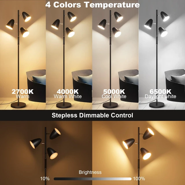 Alt view image 2 of 7 - LED Floor Lamp for Living Room, Modern Dimmable Standing Lamp with 4 Color Temperature,Remote and Touch Control, Tree Floor Lamp for Bedroom with 3 Rotatable Lights Bright Stand up Lamp, Black