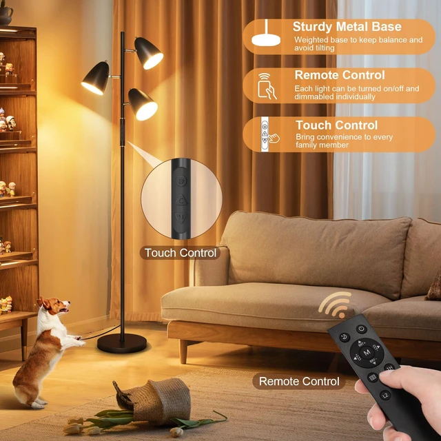 Alt view image 4 of 7 - LED Floor Lamp for Living Room, Modern Dimmable Standing Lamp with 4 Color Temperature,Remote and Touch Control, Tree Floor Lamp for Bedroom with 3 Rotatable Lights Bright Stand up Lamp, Black
