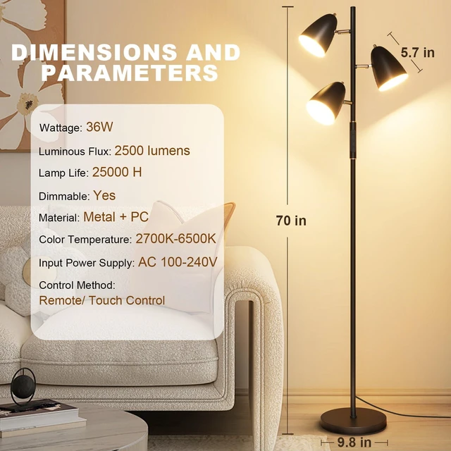 Alt view image 5 of 7 - LED Floor Lamp for Living Room, Modern Dimmable Standing Lamp with 4 Color Temperature,Remote and Touch Control, Tree Floor Lamp for Bedroom with 3 Rotatable Lights Bright Stand up Lamp, Black