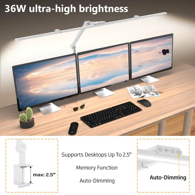 Alt view image 2 of 6 - 36W Ultra Bright Architect Desk Lamp with Clamp, Tall Overhead Rotatable Led Desk Light for Home Office, 47Inch Long Adjustable Monitor Light Bar with Remote for Computer Screen Desktop Table