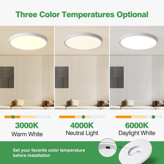 Alt view image 2 of 7 - 12Inch 12PK White LED Flush Mount Ceiling Light, 24W, 2520LM, 3CCT 3000K/4000K/6000K CCT Selectable, White Close to Ceiling Round Flat Panel Light, Super Slim LED Ceiling Light for Bedroom