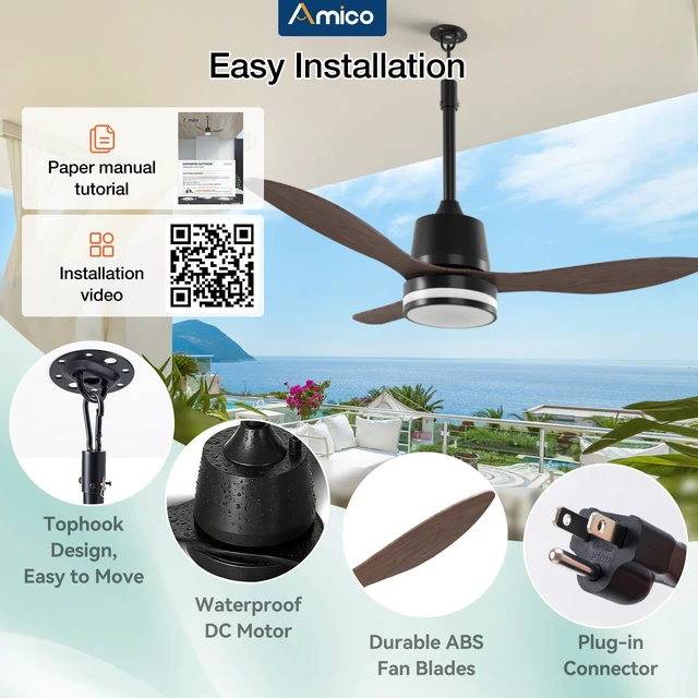 Alt view image 4 of 7 - 42" Outdoor Ceiling Fans with Lights, IP65 Waterproof Gazebo Fan Waterproof, Remote Control, 3000-6000K, 6 Speeds, Hook Hanging Plug in, for Patio Porch Pergola Garage